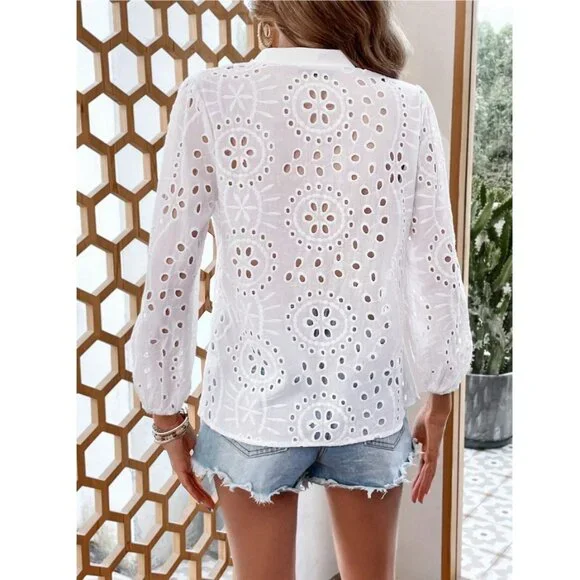 Boho gypsy button down shirt eyelet lace white - Picture 2 of 2